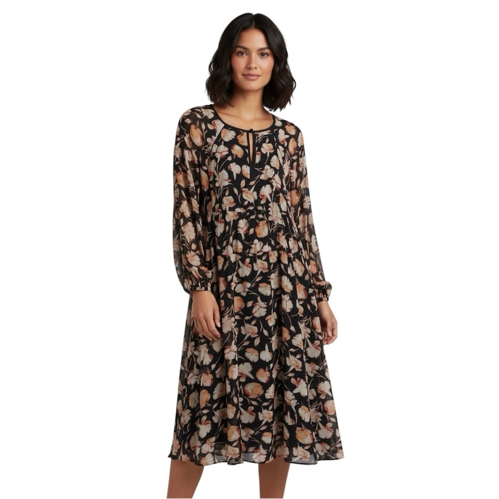 Adrianna Papell Floral Dress Sz 14W Long Sleeve‎ Black